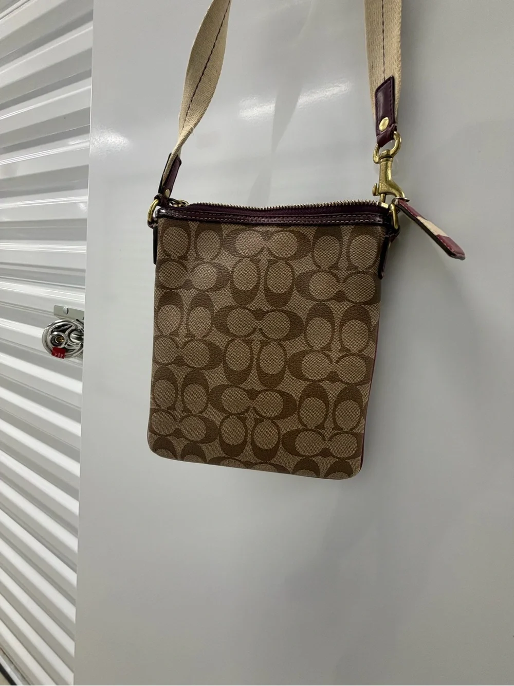 Coach Brown Signature Crossbody with Purple Stripe